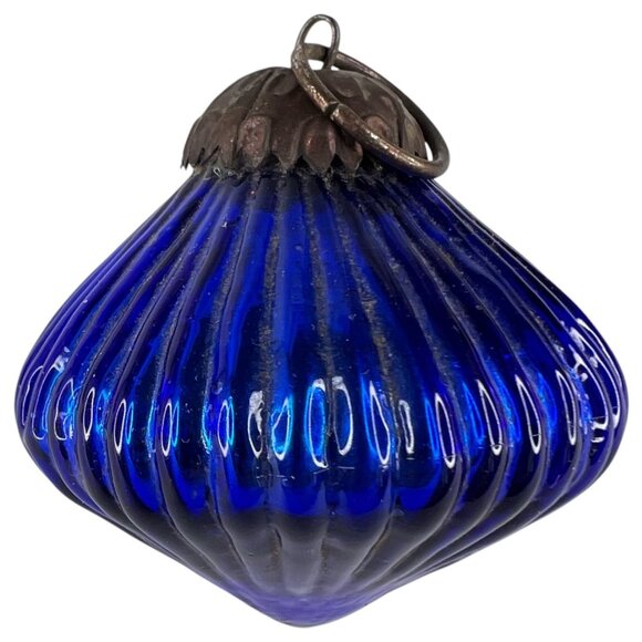 3 Modern Kugel Style Glass Christmas Tree Ornaments Ribbed Red Blue Metal Caps - Picture 11 of 12